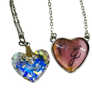 Lot of 2 Silvertone Heart Pendant Necklaces Pink Clear 16-18"